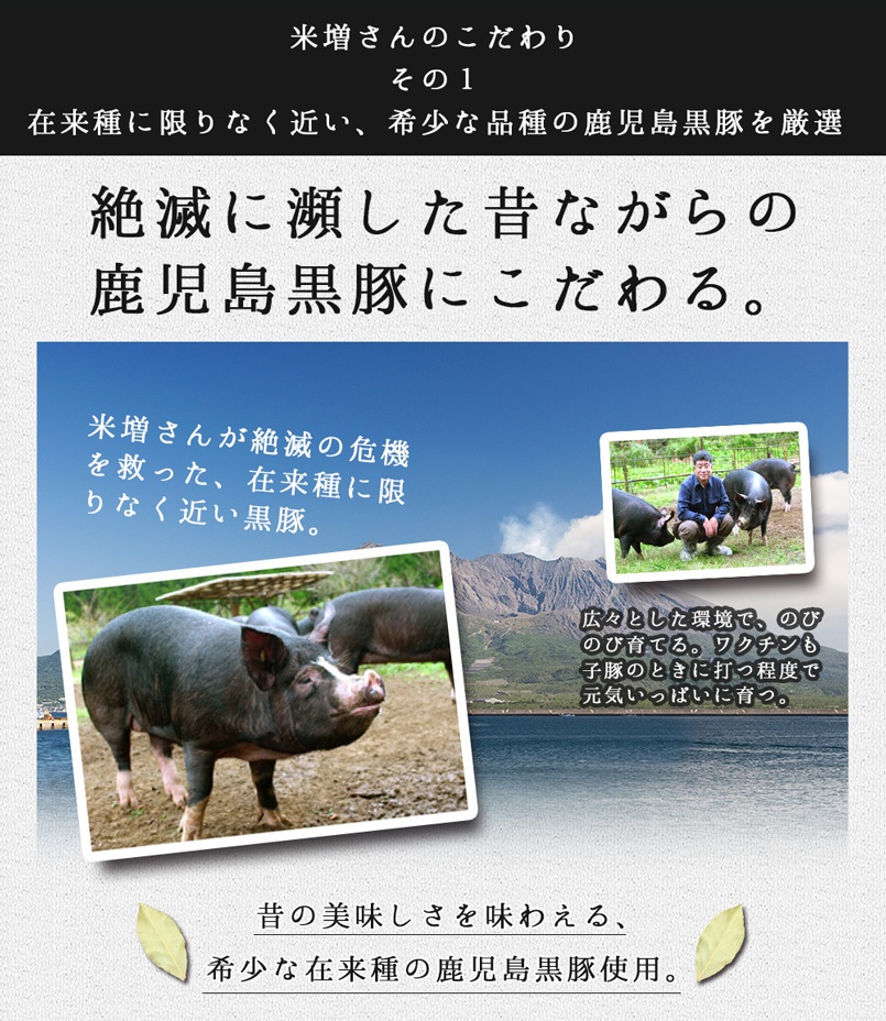 在来種に近い希少な鹿児島黒豚を厳選しています